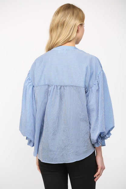 Pinstripe Bubble Sleeve Top in Blue back view