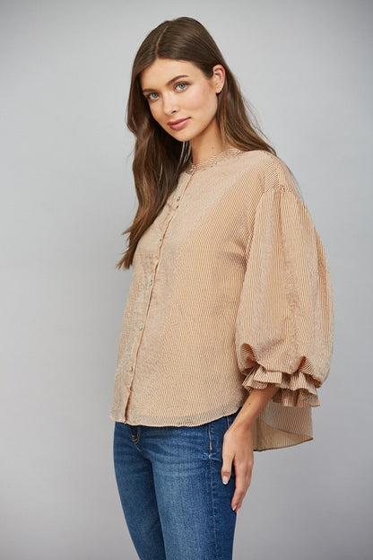 Pinstripe Bubble Sleeve Top in Camel Brown side view