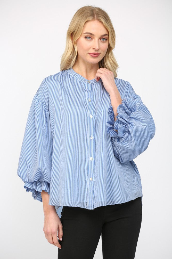 Pinstripe Bubble Sleeve Top in Blue side view