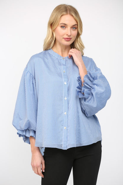 Pinstripe Bubble Sleeve Top in Blue side view