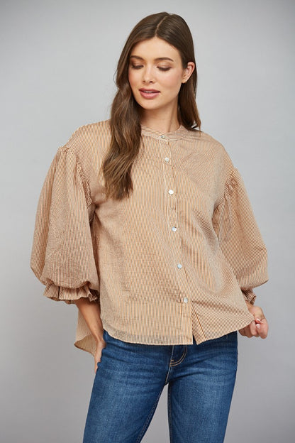 Pinstripe Bubble Sleeve Top in Camel Brown front view