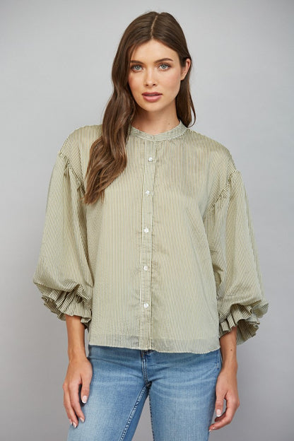 Pinstripe Bubble Sleeve Top in Olive Green front view
