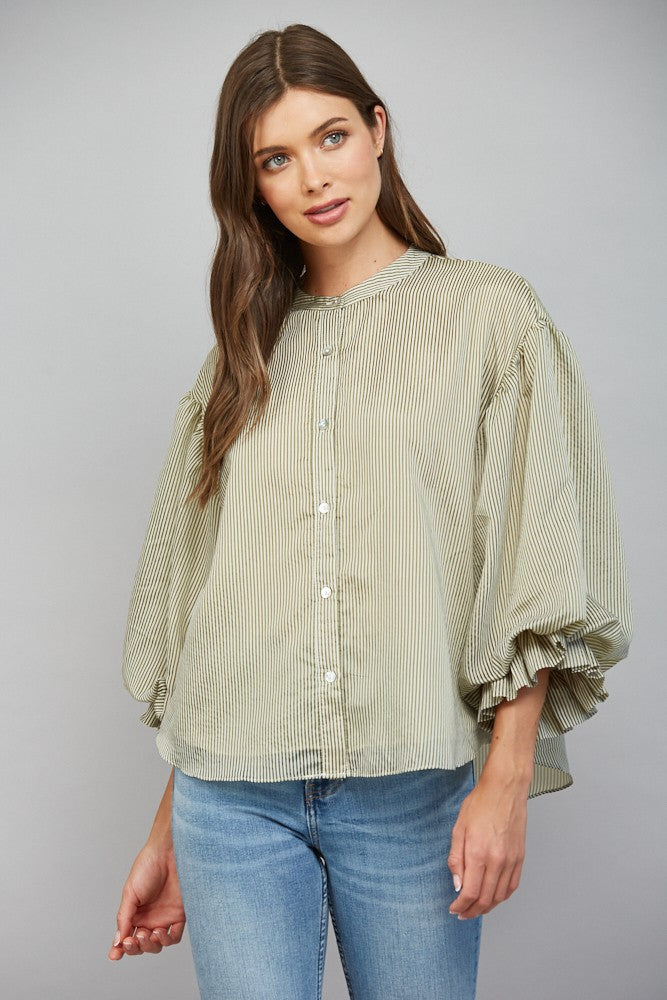Pinstripe Bubble Sleeve Top in Olive Green with jeans