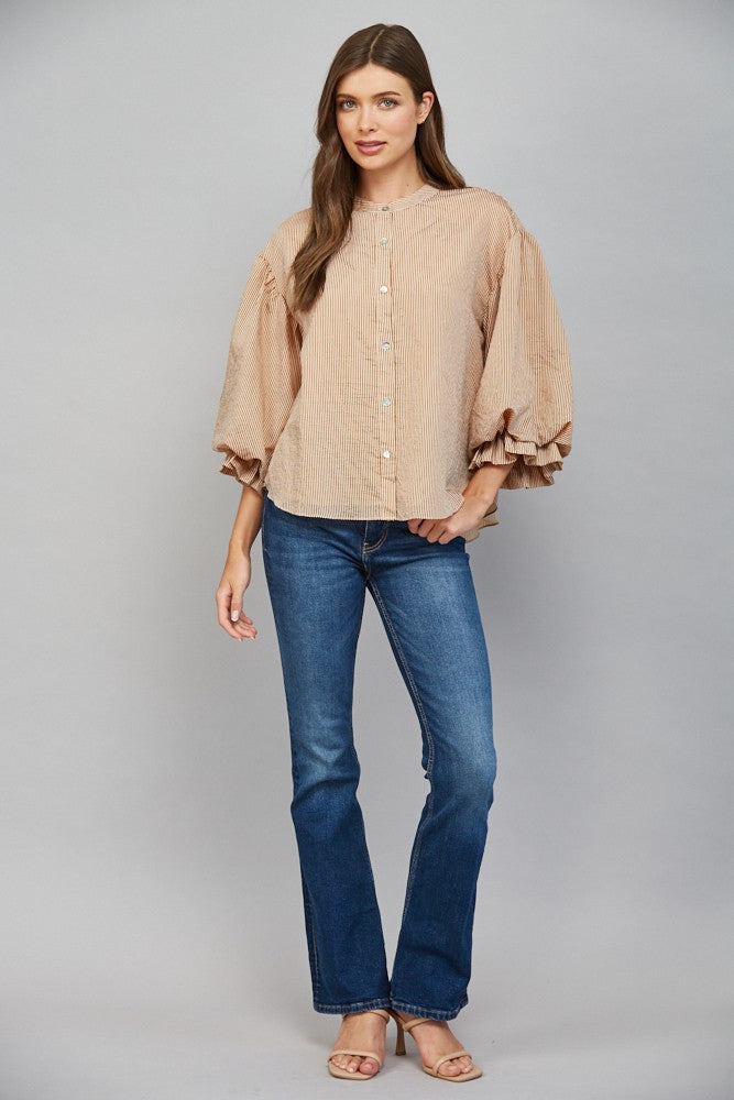 Pinstripe Bubble Sleeve Top in Camel Brown full length view