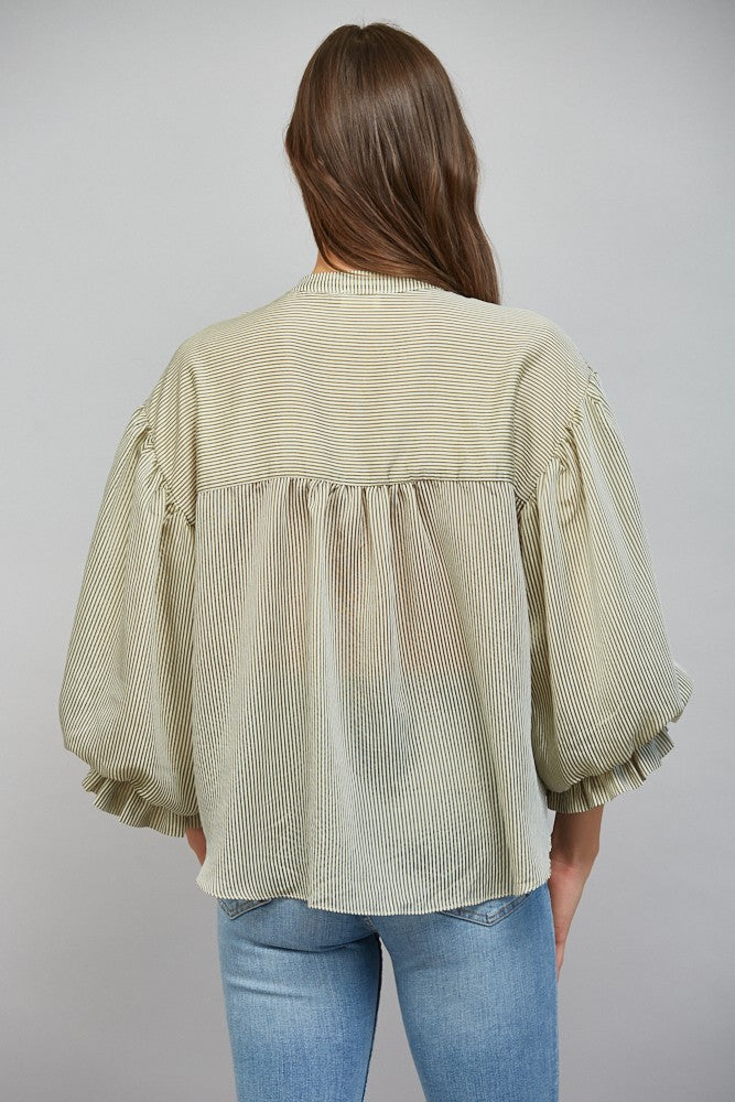 Pinstripe Bubble Sleeve Top in Olive Green back view