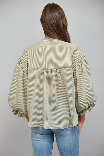Pinstripe Bubble Sleeve Top in Olive Green back view