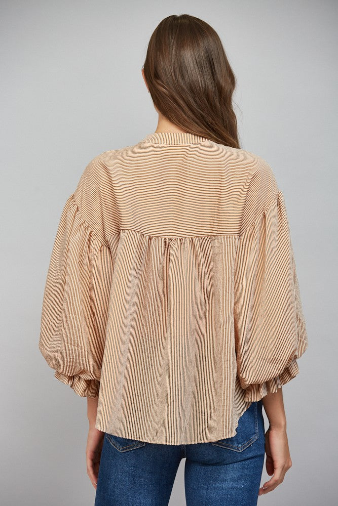 Pinstripe Bubble Sleeve Top in Camel Brown back view