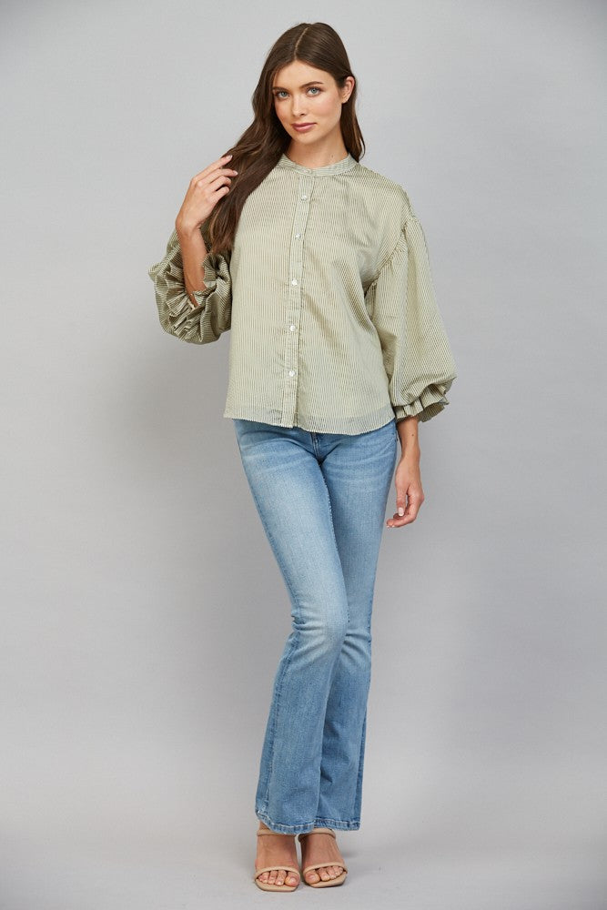 Pinstripe Bubble Sleeve Top in Olive Green full length view