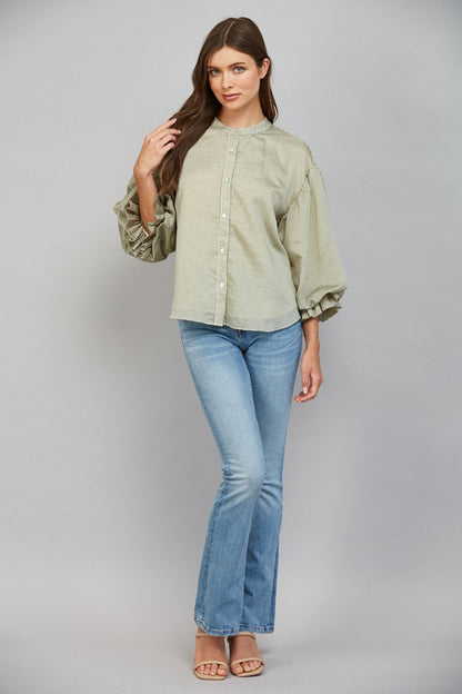 Pinstripe Bubble Sleeve Top in Olive Green full length view