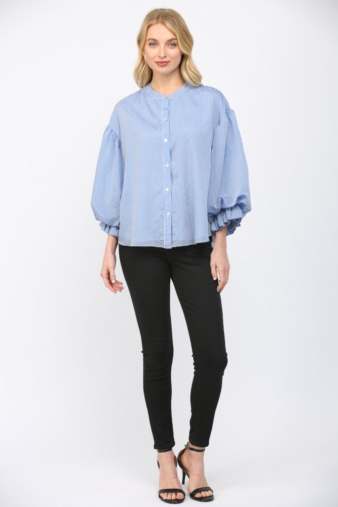 Pinstripe Bubble Sleeve Top in Blue full length view