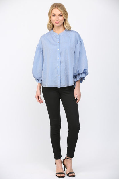 Pinstripe Bubble Sleeve Top in Blue full length view