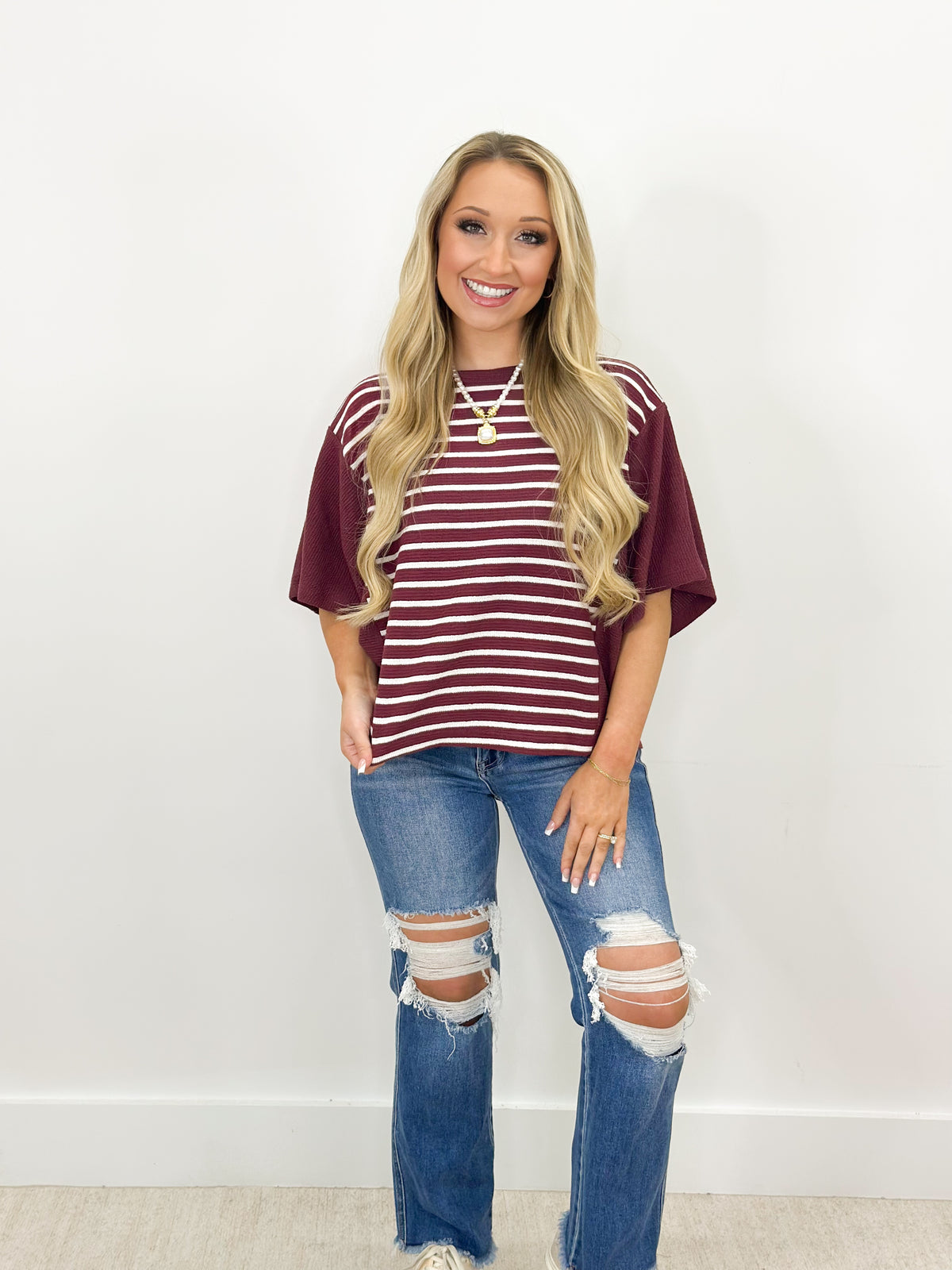Tres Bien Cloudy Knit Stripe Color Block Top