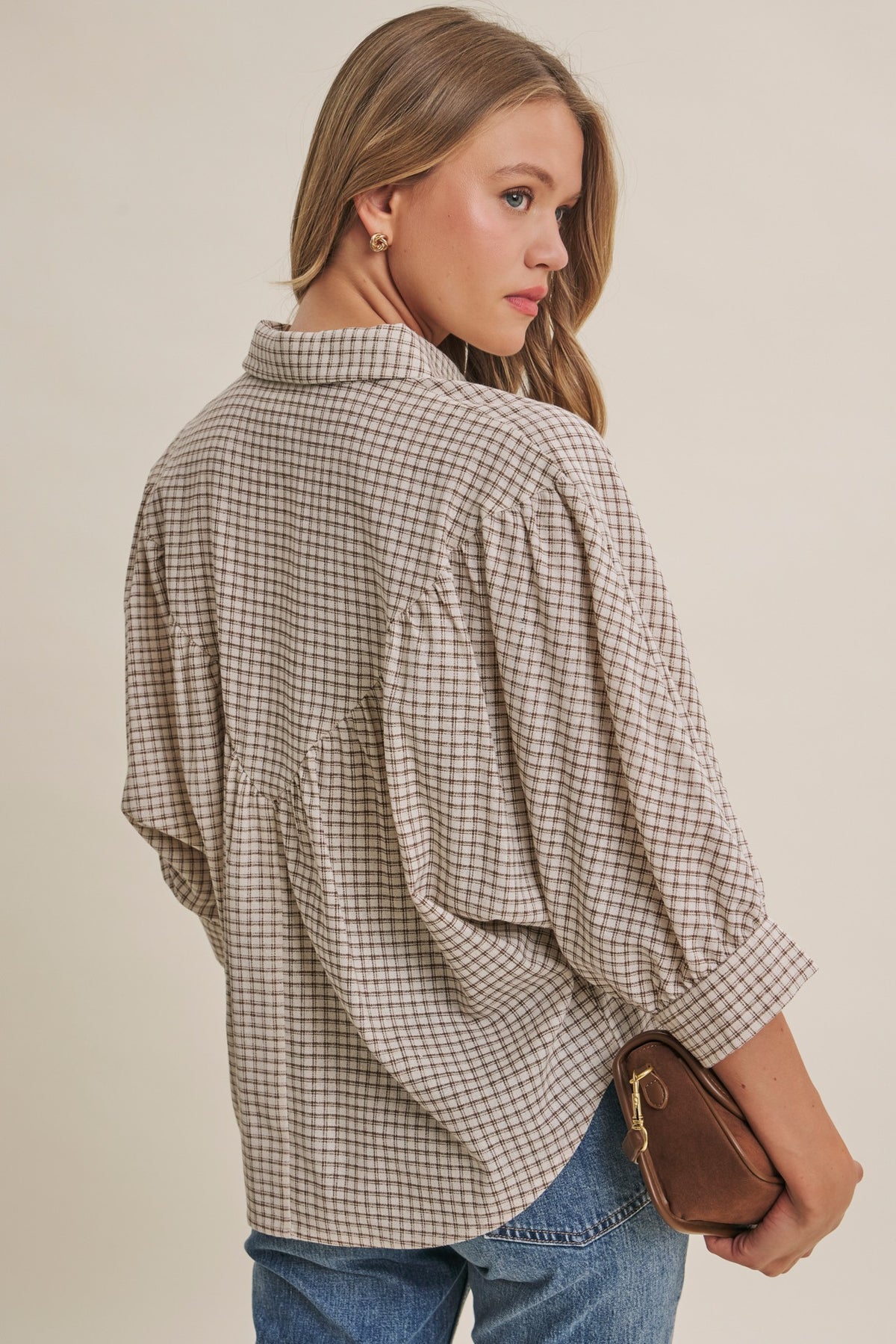 In February Micro Grid Plaid Dolman Button-Down Shirt in Mocha detail