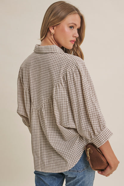 In February Micro Grid Plaid Dolman Button-Down Shirt in Mocha detail