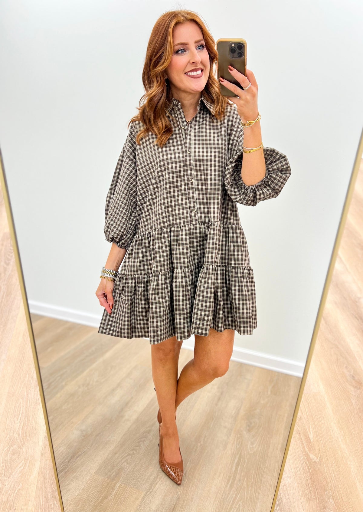 Hyfve Plaid Button-Down Tiered Dress