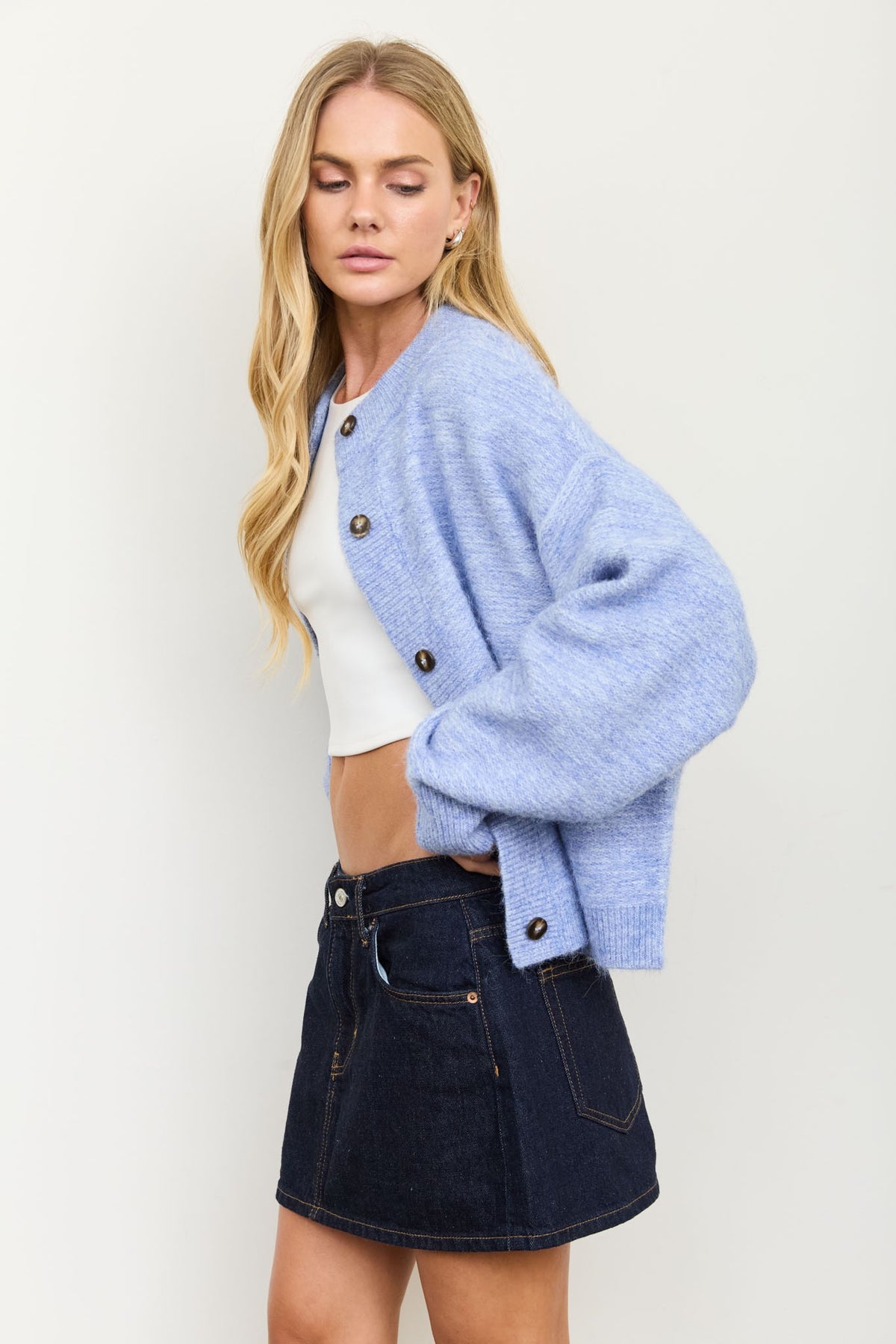 Blu Pepper Marled Ribbed Trim Button Down Knit Cardigan - Denim Blue