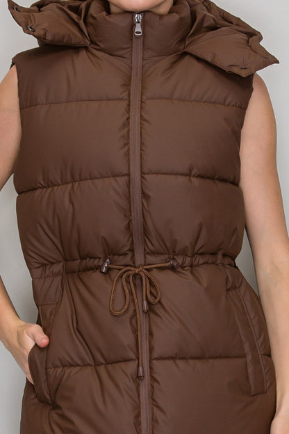 Iris Longline Quilted Puffer Vest in Brown back view