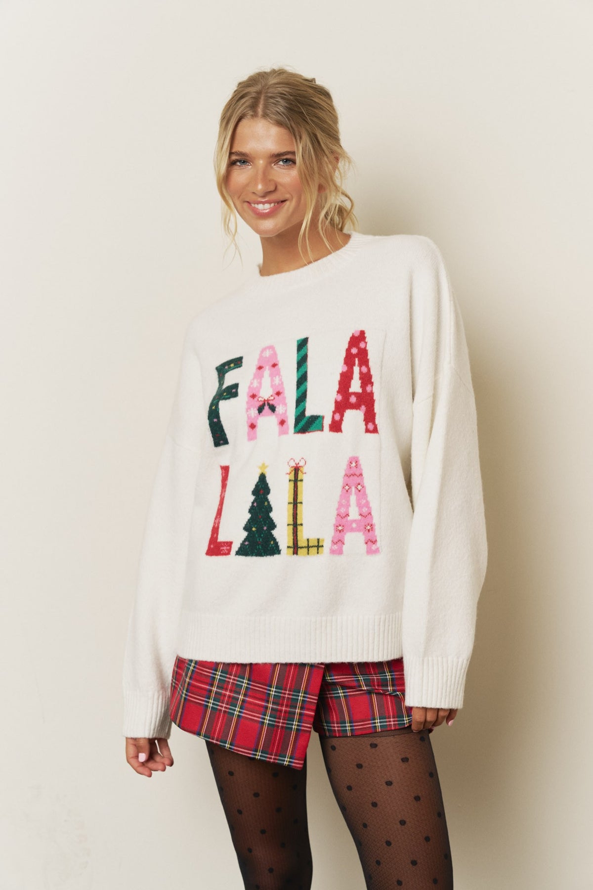 Fa La La Christmas sweater in oatmeal, full length