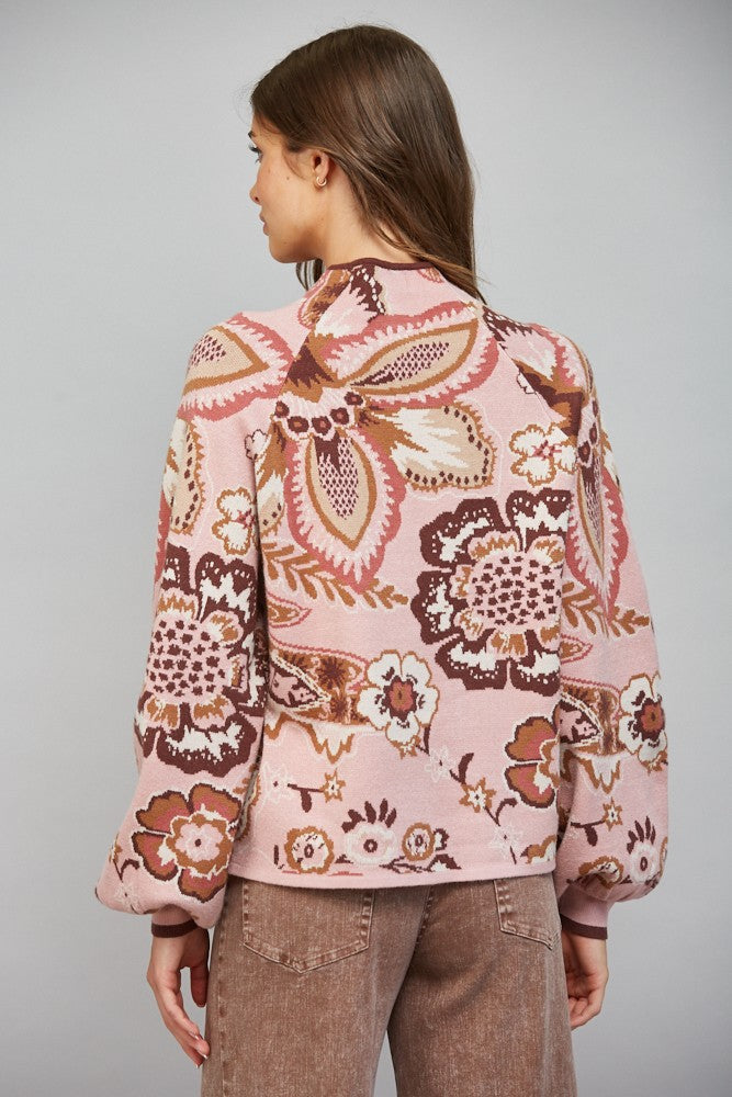 Fate Bold Floral Paisley Funnel Neck Sweater in Mauve Multi back view