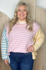 Pink and Blue and Yellow Color Block Stripe Sweater