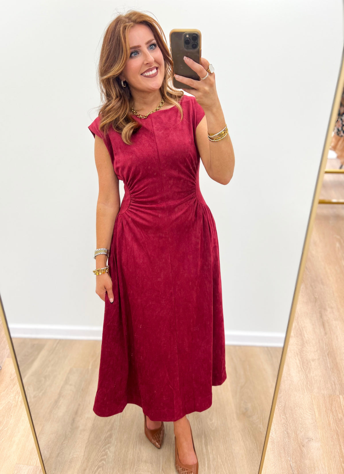 Burgundy faux suede midi dress, sleeveless with crew neck and gathered waist