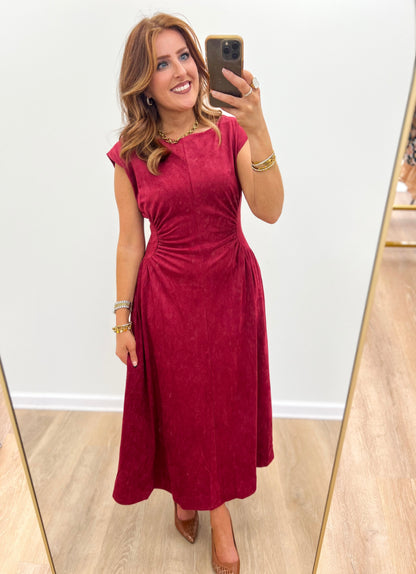 Burgundy faux suede midi dress, sleeveless with crew neck and gathered waist