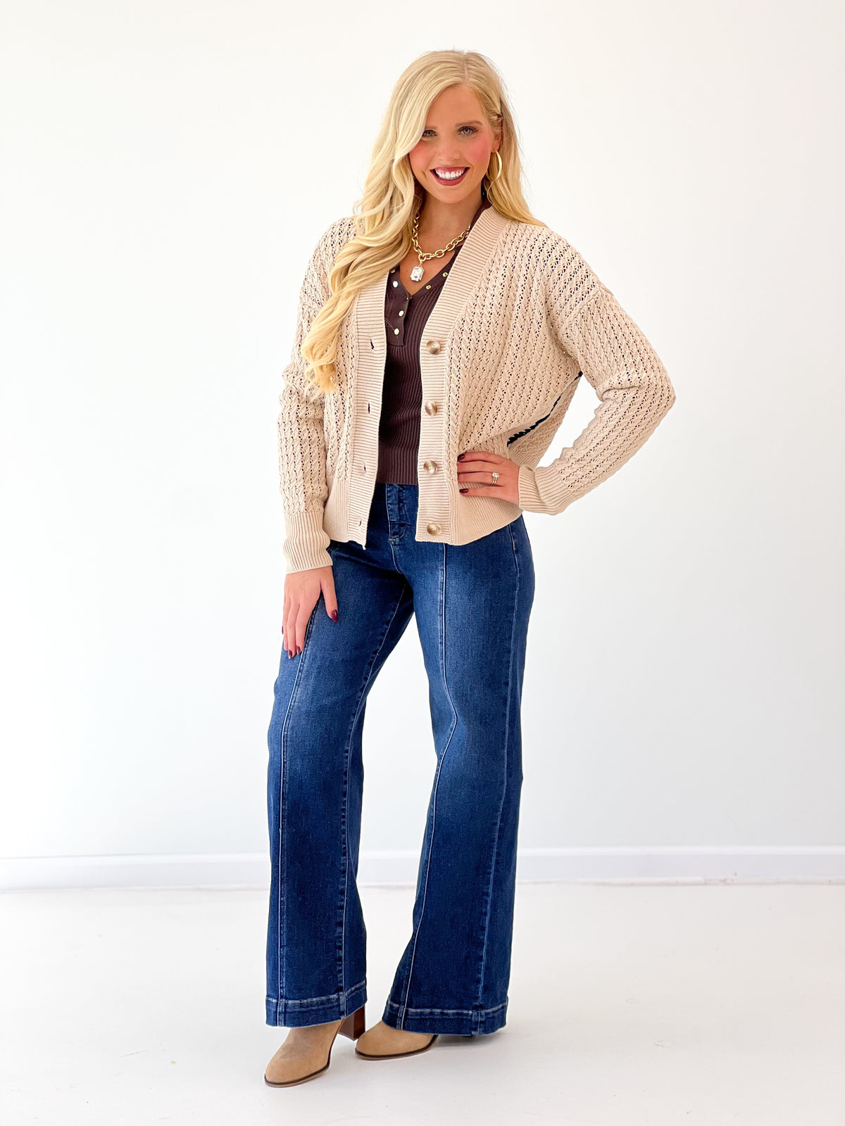 Sand crochet-knit cardigan with button front and V-neck, ribbed cuffs and hem