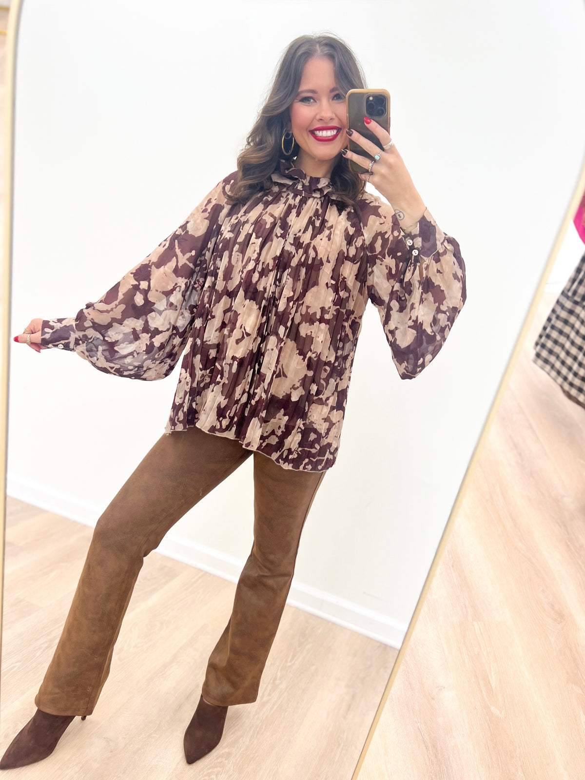 Burnout pleated top with ruffled high neck and oversized lantern sleeves, taupe and dark print