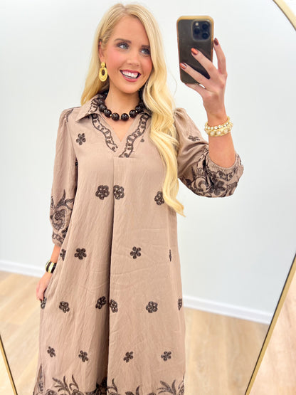 Umgee Embroidered Wide Open Collar Midi Dress with Pockets