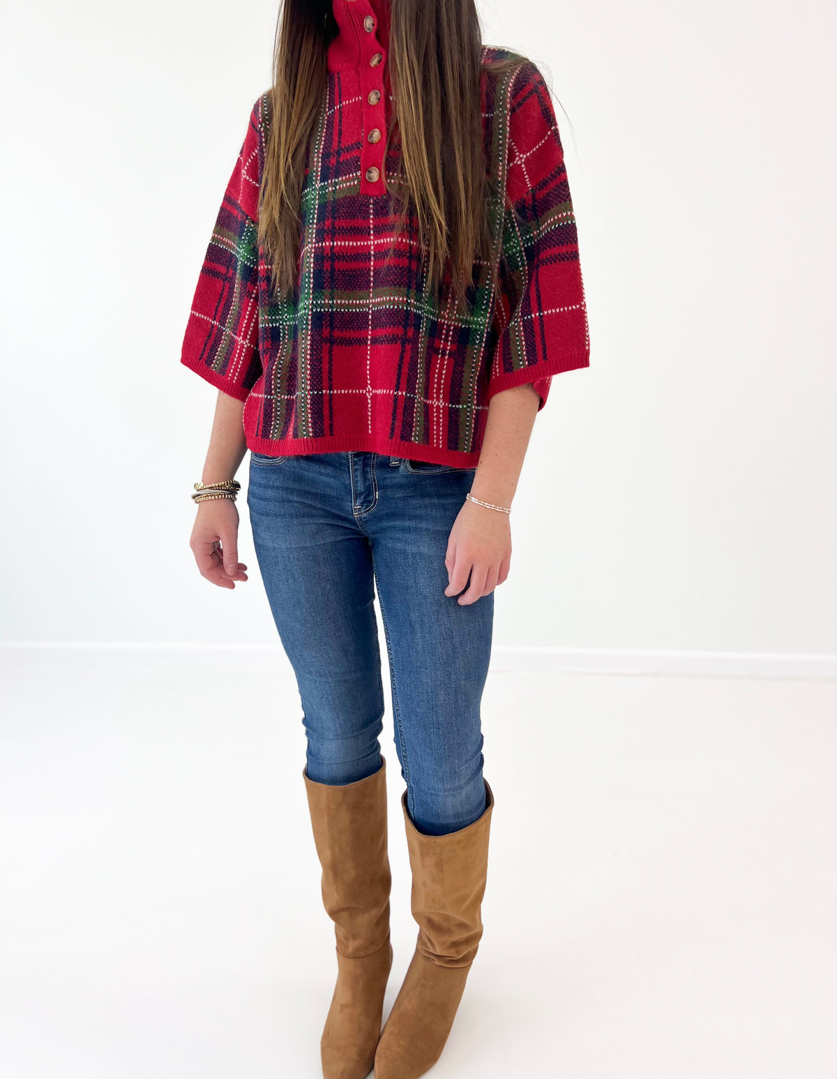 Red plaid sweater top detail: stand collar and button placket with short sleeves