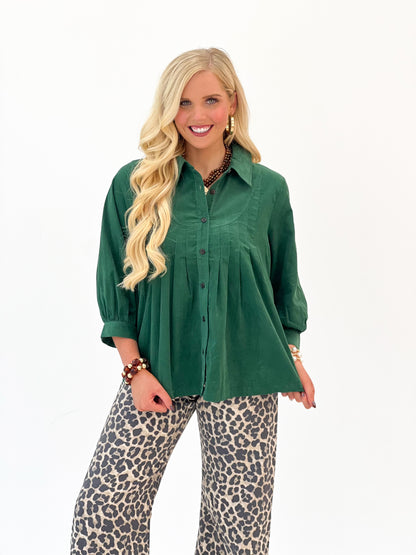 Umgee Corduroy Pleated Button Front Blouse