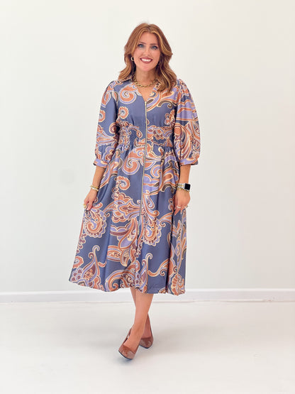 Printed V-neck midi dress, slate grey mix swirled print, smocked waist, 3/4 sleeves
