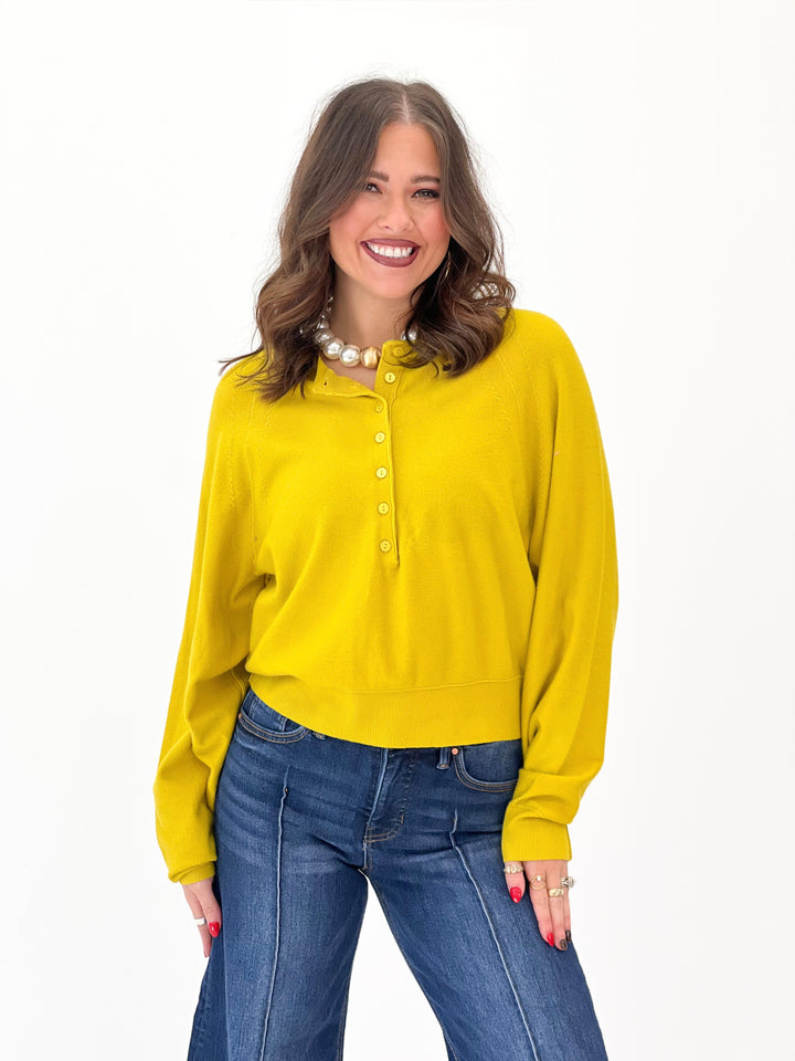 Charlotte Avery Cashmere-Blend Henley Pullover Batwing Top