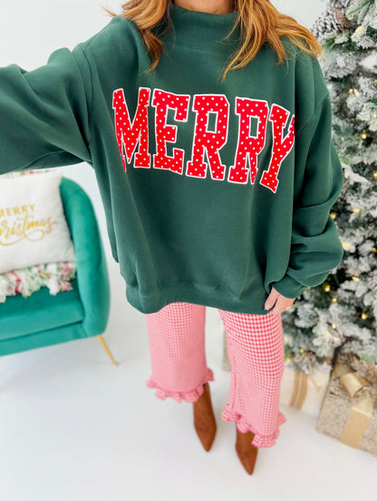 Hunter green mock-neck Christmas sweatshirt with red-and-white 'MERRY' graphic