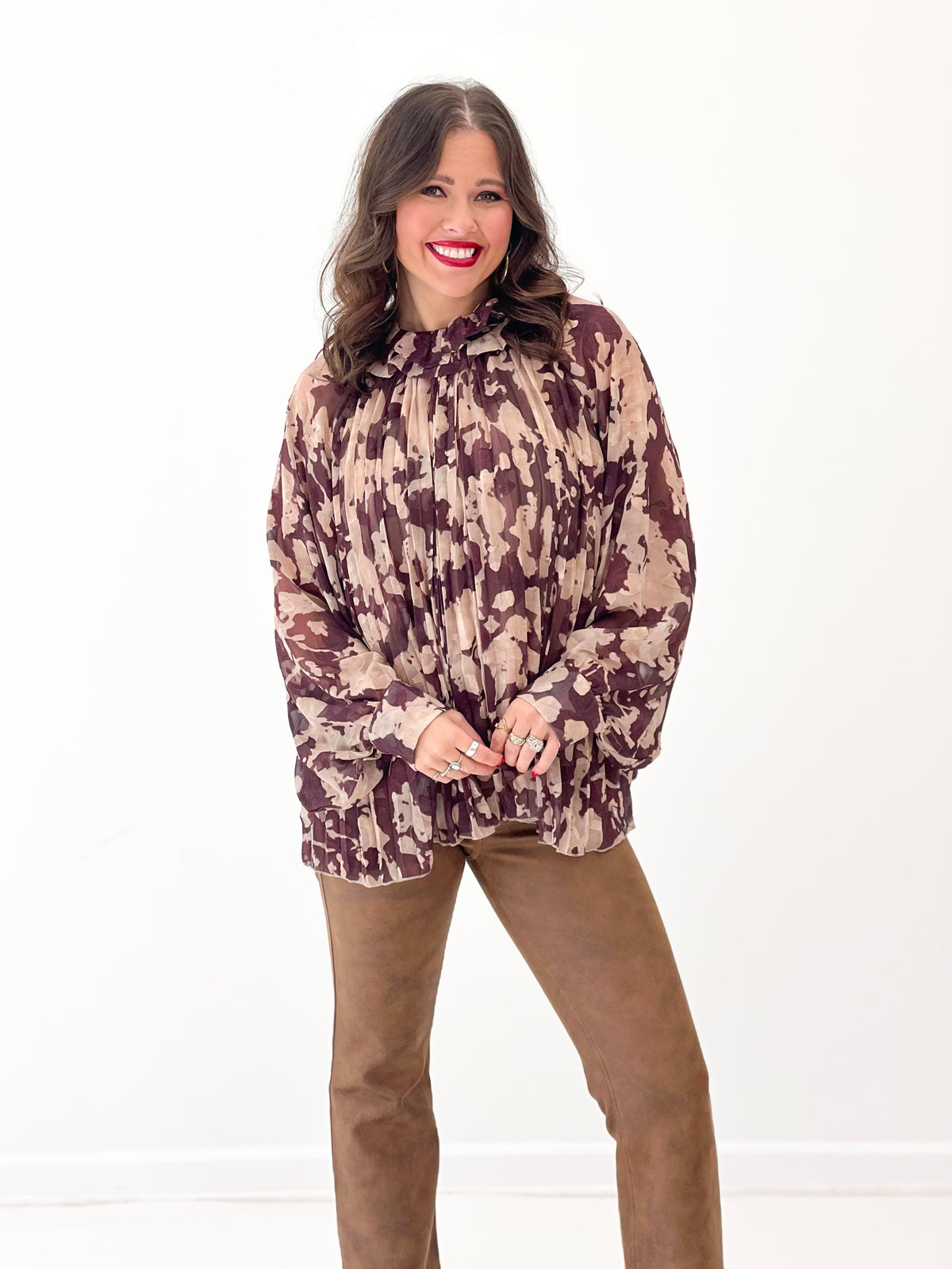 Burnout pleated top with ruffled high neck and billowy lantern sleeves, taupe and dark print