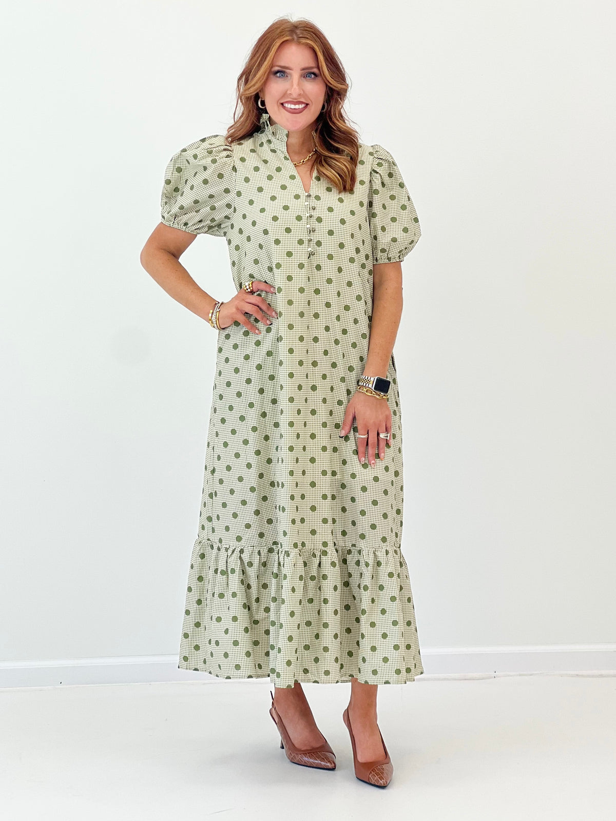 Olive polka dot long maxi dress with V-neck and short puff sleeves, tiered ruffle hem