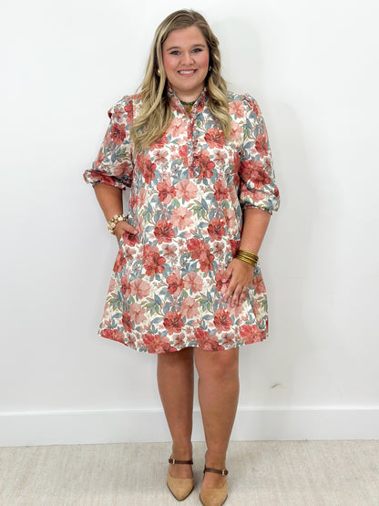 Floral button-front mini dress with smocked cuffs, puff sleeves, rust mix colorway