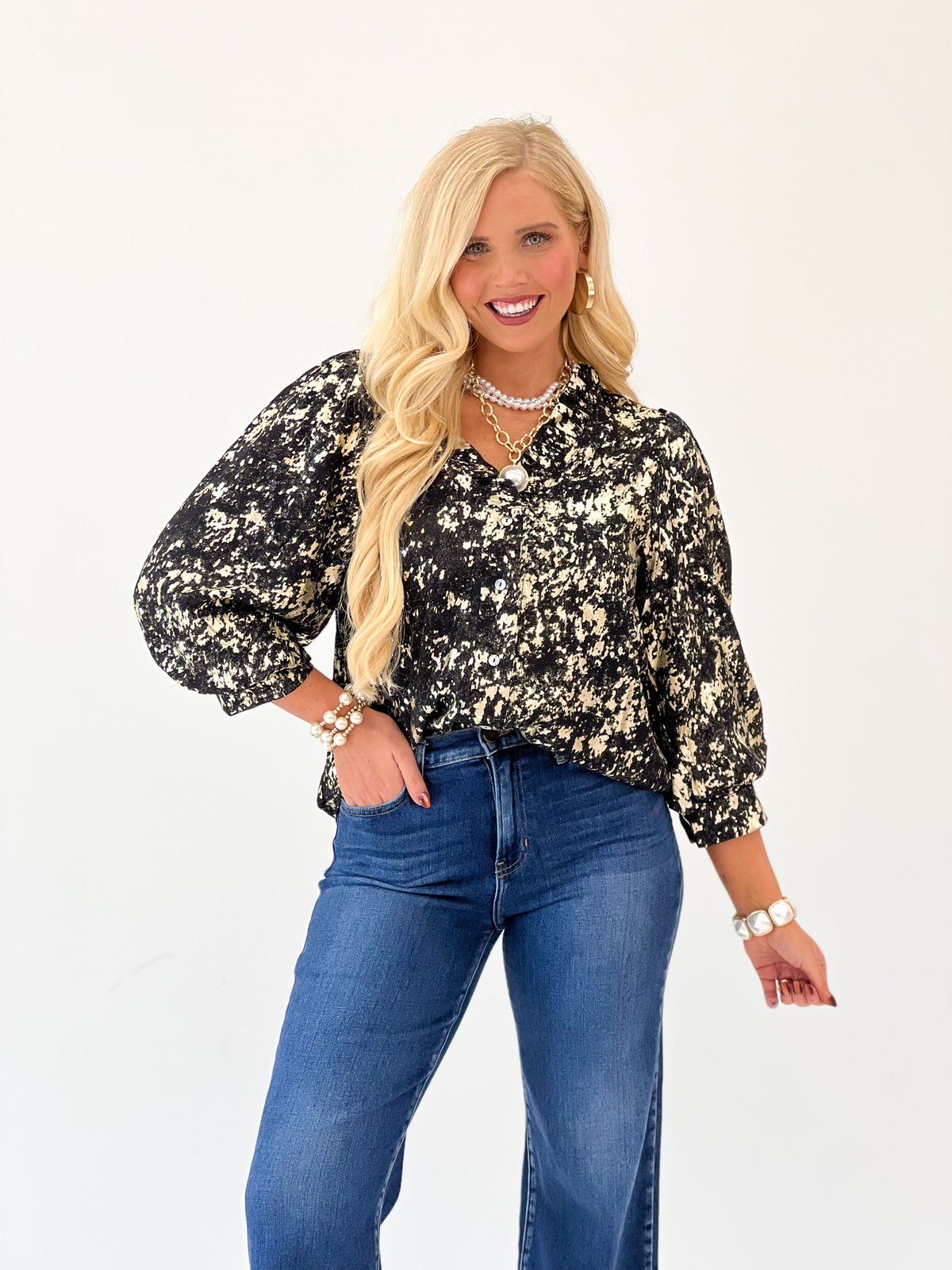 Jodifl Metallic Ruffle Neck Button Down Blouse