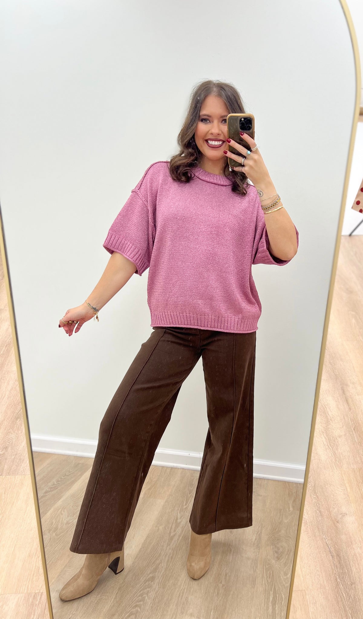 Pink metallic lurex mock-neck sweater with ribbed short sleeves and hem