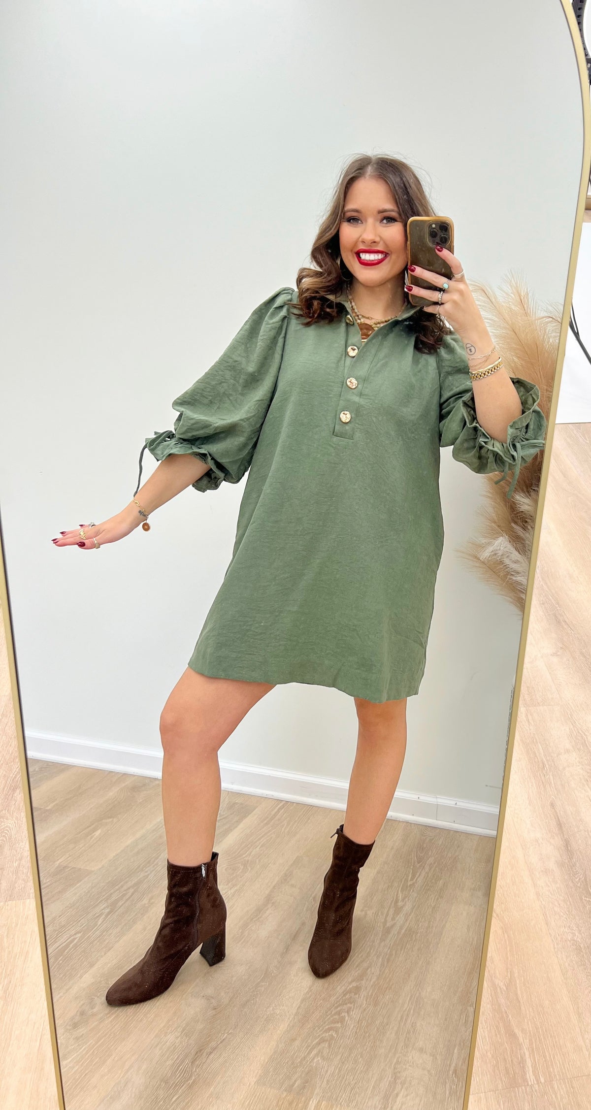 Olive button-front mini dress with stand collar and tie-cuff balloon sleeves