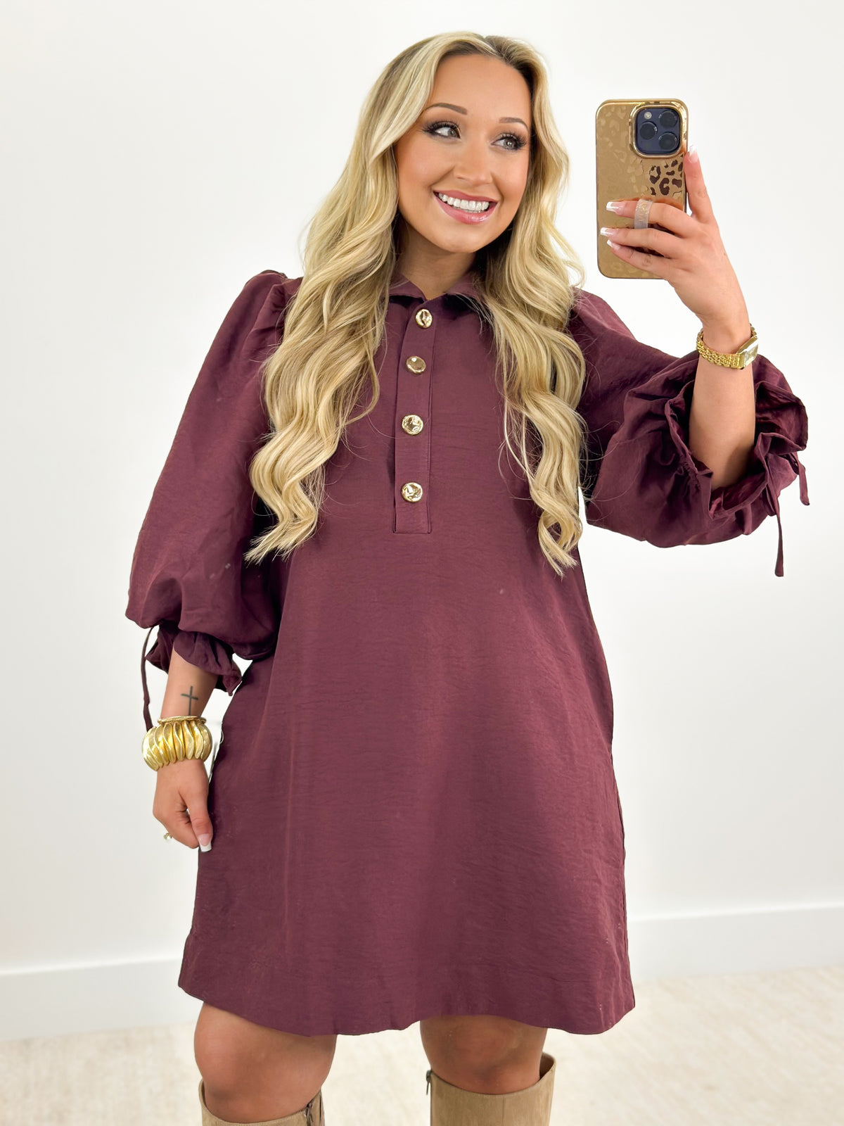 Merlot mini dress with stand collar, button placket, and puffed balloon sleeves