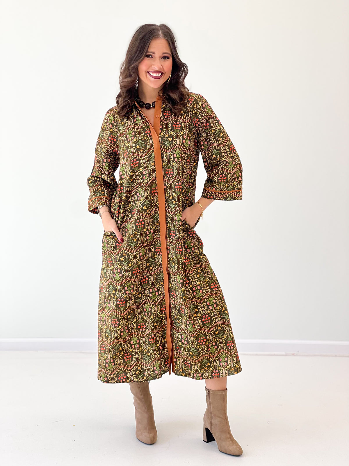 Olive floral contrast button-down midi dress with long sleeves and brown trim