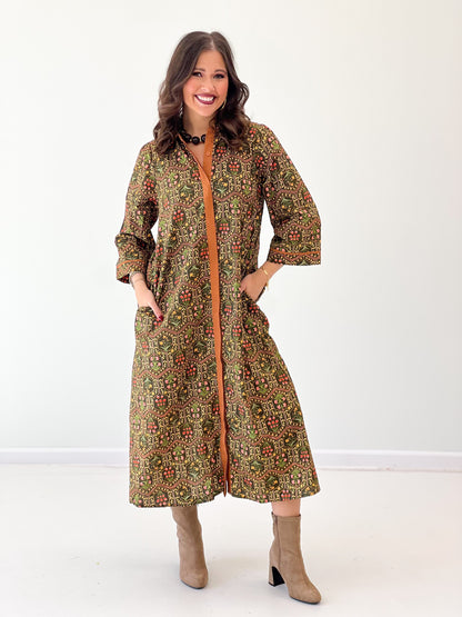 Olive floral contrast button-down midi dress with long sleeves and brown trim