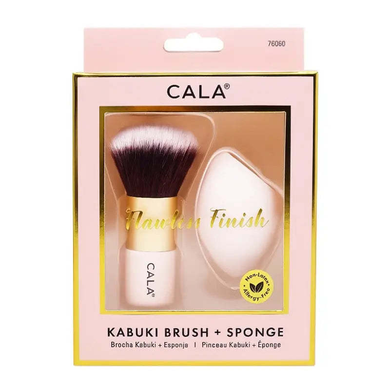 CALA kabuki brush and blending sponge set in pink and gold packaging