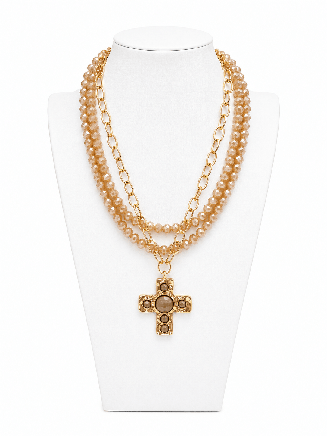 Three-layer necklace set with cross pendants on gold-tone chains