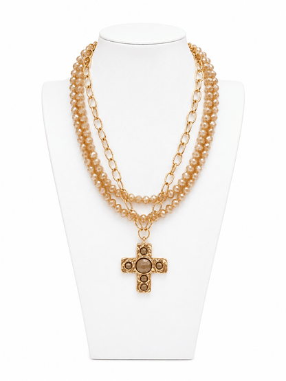 Three-layer necklace set with cross pendants on gold-tone chains