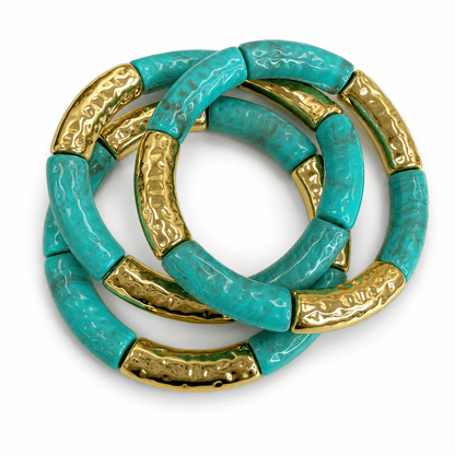 Triple-strand marble and gold-tone bead bracelet
