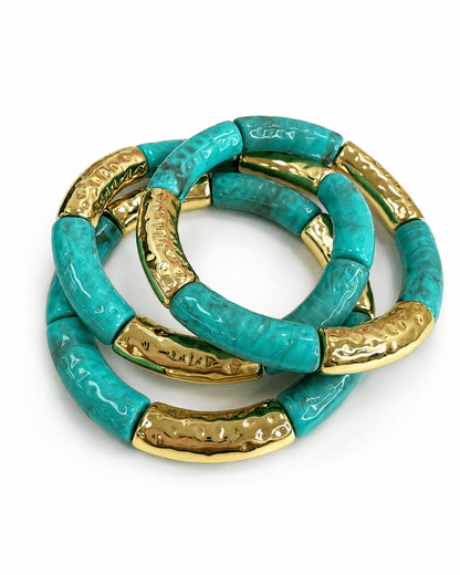 Three-row bracelet of marble beads and metal