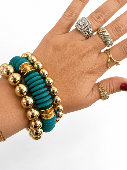 Three-row wood bead stretch bracelet in turquoise
