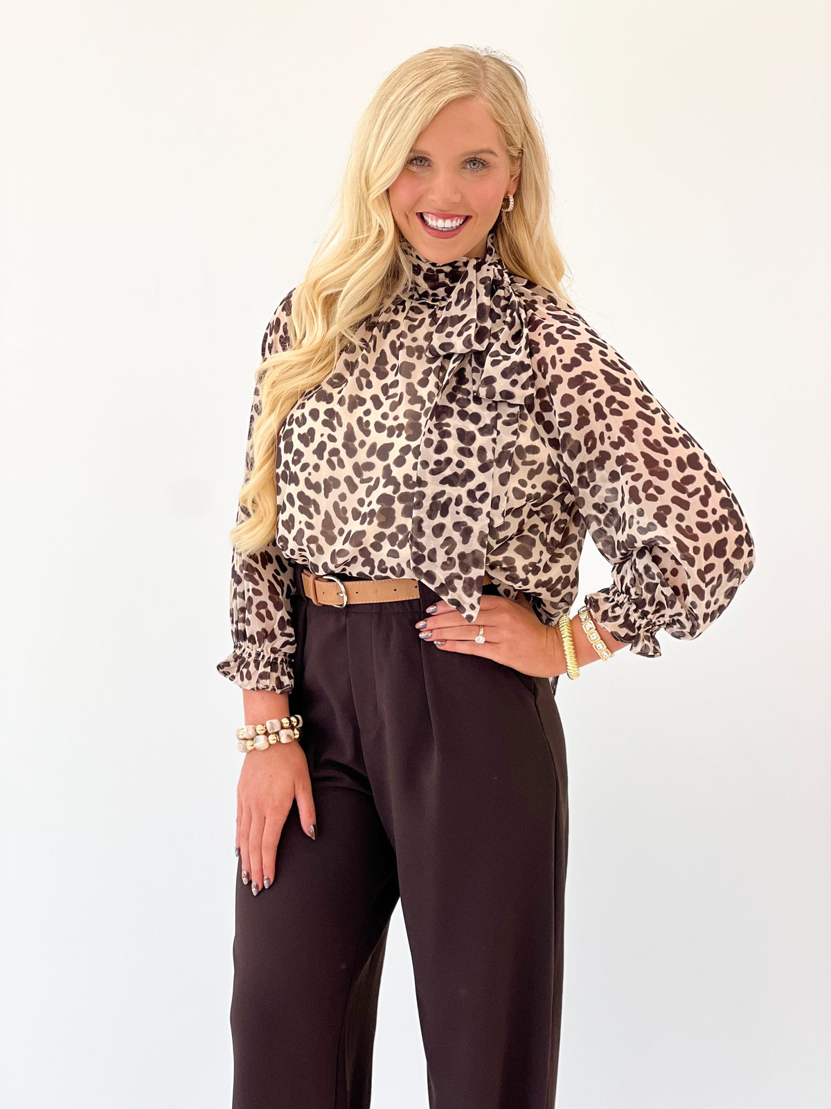 Taupe leopard print high-neck tie blouse with front neck tie and long sleeves